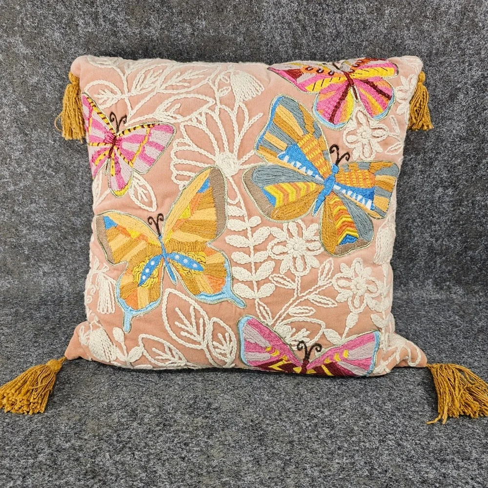 Elie Tahari Home Velvet Flower & Butterfly Embroidered Throw Pillow COVER ONLY